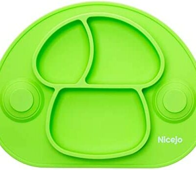 Plateau pour bébé à ventouse en silicone alimentaire de 2ème génération - Set de table pour enfant avec 3 compartiments - Set de table antidérapant pour chaise haute - Micro-ondes (Vert)