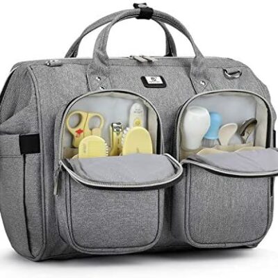 Sac à bandoulière pour bébé grande capacité étanche Oxford original sac de rangement pour filles garçons avec 2 sacs isothermes pour biberons, 2 crochets pour poussette et 1 matelas à langer (gris clair)