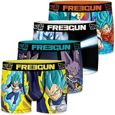 FREEGUN Boxer Homme Vegeta, Son Goku, Beerus, Calecon Homme, Dragon Ball Super, Confort et Mobilité (Lot de 4)