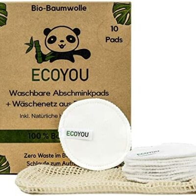 EcoYou - Lingettes démaquillantes lavables en coton bio - Tampons démaquillants réutilisables, coton, 10 unités, visage féminin, avec pochette en coton, couleur : blanc