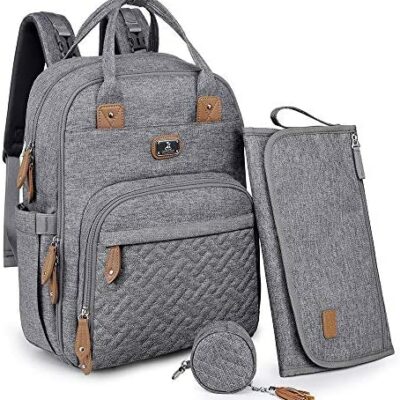 Sac à dos à couches Dikaslon - Grand sac avec matelas à langer et porte-tétine pour bébés garçons et filles, sangles de poussette - Sac de maternité pour maman ou papa (Gris)