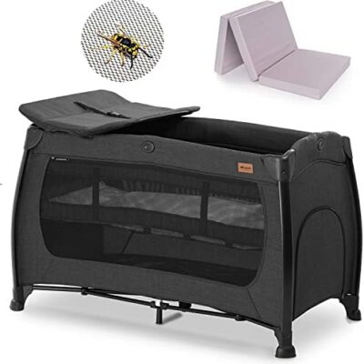 Hauck - Lit de voyage avec matelas central Play n Relax - Table à langer, moustiquaire, 2 niveaux, sortie latérale, roues - Noir chiné