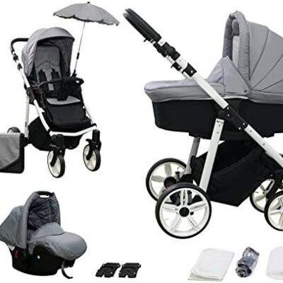 Poussette combinée Skyline 3 en 1 avec cadre en aluminium, porte-bébé, porte-bébé et porte-bébé (ISOFIX) (gris).