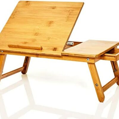 plateau de lit bambuswald | table pour ordinateur portable avec tiroirs 100% bambou : environ 54x35 cm - table de lit pliante, table de lecture ou table de petit-déjeuner et table à dessin