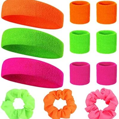 Bracelets Néon Années 80 Ensemble de 12 Pièces de 6 Bracelets Néon 3 Bandeaux Néon et 3 Bandeaux Néon Accessoires de Fête Rétro Néon pour Femme Homme 3 Couleurs Rose Vert Orange