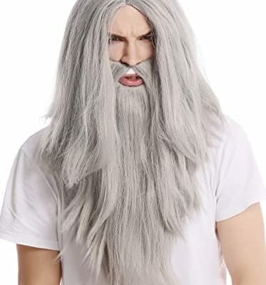 WIG ME UP - PW0210-ZA68E Perruque Longue et Barbe Grise Halloween Carnival Wizard Yokai Prophet Old Rider