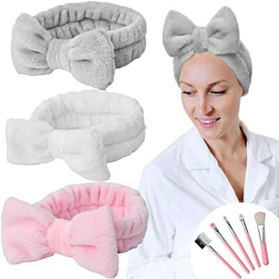 YMHPRIDE Spa Bandeaux - 3 Pièces Bandeaux Arc Pour Filles Dames Mignon Doux Carol Bandeaux Élastiques Ensemble De Pinceaux De Maquillage, Bandes De Maquillage De Cheveux (Gris Blanc Rose)