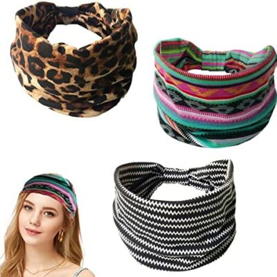 Lot de 3 bandeaux larges, bandeaux à rayures Boho, bandanas extensibles pour femmes et filles, bandeaux de sport, bandeaux de yoga