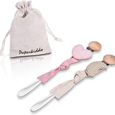 PAPERKIDDO Lot de 2 Attache Sucette Attache Sucette en Bois - Attache Sucette Bébé Personnalisé Garçon et Fille - Super Doux - Peluche - Cadeau de Naissance Personnalisé (Amour + Lune)