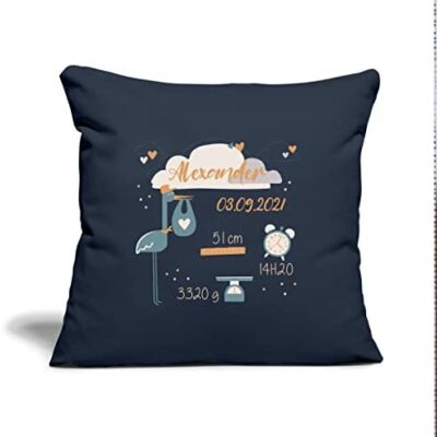 Spreadshirt® Housse de Coussin Décorative Cadeau de Naissance Cigogne avec Nom et Date de Naissance 45 x 45 cm, Bleu Marine