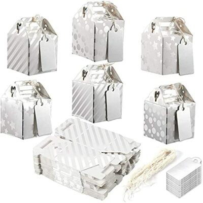 Best Paper Greetings Mini Guest Souvenir Box (Lot de 36) avec assiette et ficelle assorties - 6 motifs argentés, 5 x 5 x 5 cm