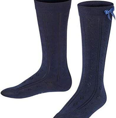 FALKE Ajour Chaussettes Hautes Unisexe Enfant Coton Blanc Bleu Marine Haut Long Rembourré Avec Motif Découpé Fantaisie et Noeuds Bord 1 Paire