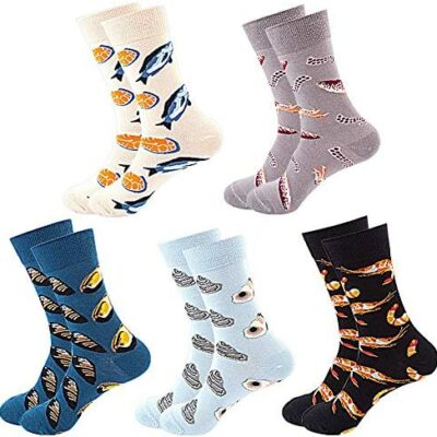 JPYH 5 Paires Chaussettes Fantaisie pour Hommes, Chaussettes à Motifs Amusants Cool Nouveauté Colorée et Chaussettes Confortables en Coton Peigné Intéressant pour Chaussettes de Marée de Crevettes Saumon