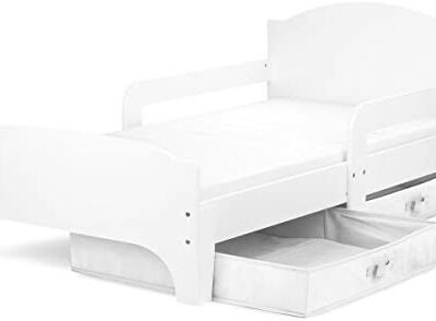 Leomark Lit moderne intelligent pour enfant 140 x 70 cm Blanc Lit simple fonctionnel confortable avec un tiroir Lit enfant avec rangement et matelas (140 x 70 cm) Grand tiroir textile 2 pièces