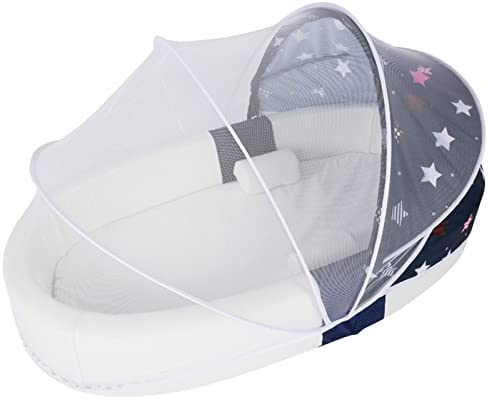 Berceau de voyage pour bébé Protecteur de berceau de voyage pour bébé avec matelas, avec moustiquaire à baldaquin et jouets suspendus pour les voyages de camping, bleu