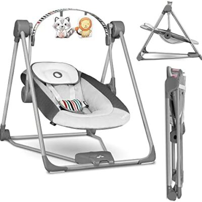 LIONELO Otto Balançoire avec Jouet Interactif, 5 Vitesses, Sons Naturels de la Naissance à 9 kg, Pliable (Gris Clair)