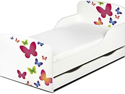 Leomark Lit moderne pour enfant avec matelas et tiroirs Couleur Blanc Motif : Couleur décorative Papillon Chambre à coucher Meubles pour enfants Caractéristiques de confort Lit simple Zone de couchage 70/140 cm