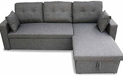 Alice's Home - Canapé d'angle Convertible en Tissu Gris Chiné Foncé - IDA - 3 Places. Fauteuil d'angle réversible avec rangement lit modulable sécurisé. 2 coussins inclus.