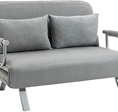 HOMCOM Canapé convertible 2 places Canapé déhoussable avec revêtement amovible Très confortable Fournit 2 coussins Accoudoirs en métal suédé gris clair