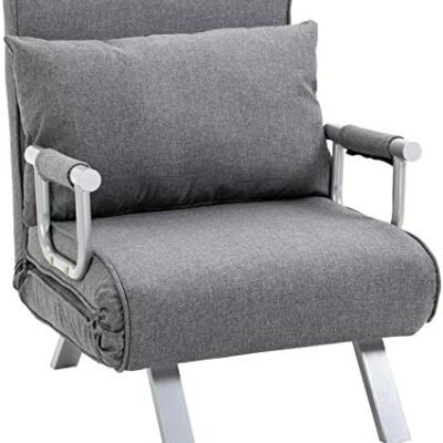 HOMCOM Chauffeuse Canapé Convertible 1 Place Avec Revêtement Amovible Coussin Très Confortable Pieds Accoudoir Métal Gris Clair Lin