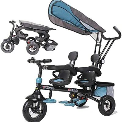 NUBAO Baby Baby Poussette 3 Roues Poussette Vélo Double Poussette Double Siège avec Panier, Auvent Amovible, Réglable et Confortable pour Garçons et Filles de 2 à 6 Ans (Couleur : Bleu)