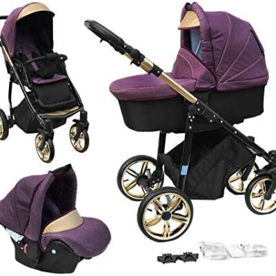 Poussette combinée Skyline 3 en 1 avec cadre en aluminium, nacelle, poussette de sport et porte-bébé (ISOFIX) (bordeaux-or).