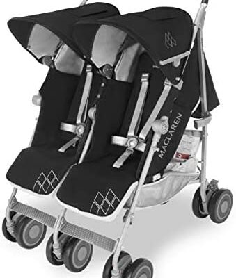 Poussette double Maclaren Twin Techno pour nouveau-nés jusqu'à 15 kg, un enfant par siège, légère et compacte, housse rétractable UPF 50+ avec habillage pluie - noir