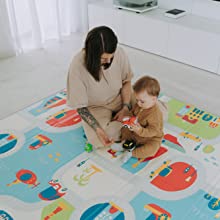 Tapis de jeu pour enfants XXL Tapis de sol réversible en mousse épaisse pliable - Tapis d'activité Cadeau pour bébé