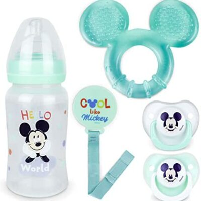 Bouveau Bé Coffret Biberon, Tétine Bébé, Anneau de Dentition Cool, Chaîne Tétine, Mickey Mouse - BONNYCO | Kit de Soins Bébé, Coffret Biberon Maman | Kit Naissance Bébé