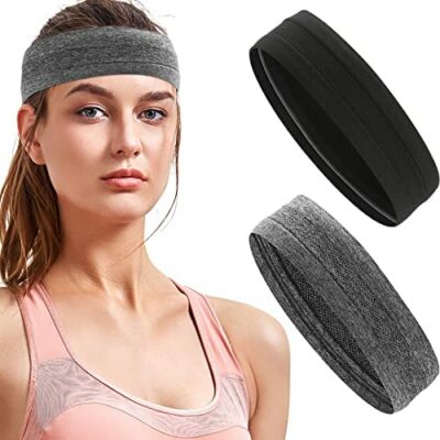 Bandeau de sport pour homme et femme, bandeau élastique 2 pièces anti-dérapant bandeau résistant à l'humidité bandeau de sport unisexe tennis yoga fitness course à pied gym cyclisme course à pied, noir et gris