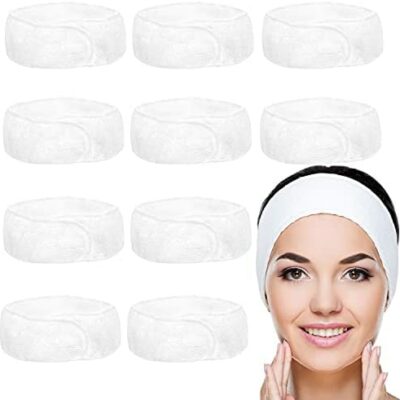 Belle Vous Bandeaux Cheveux Femme Makeup Spa Blanc (Lot de 10) - Bandeaux Cheveux Maquillage - Tissu Eponge Réglable Visage et Douche - Protection Cheveux et Tête pour Laver, Baigner et Sport