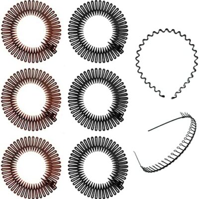 Lot de 6 bandeaux élastiques en peigne avec 2 bandeaux en métal, bandeaux élastiques ronds en plastique en zigzag, anti-casse, bandeaux en zigzag, bandeaux élastiques, bandeaux de sport pour femmes, filles