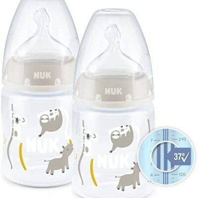 Biberon Nuk First Choice+, pack de 2, 0-6 mois, température contrôlée, anti-coliques, 150 ml, sans BPA, tétine en silicone, Safari (beige) 10743992