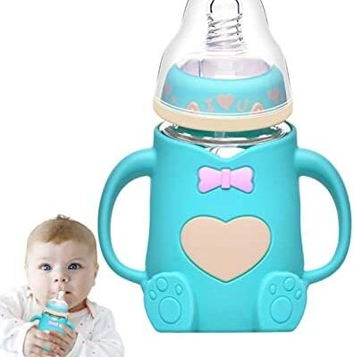 Biberon en verre Mashin - Biberon anti-coliques pour bébé allaité - Biberon nouveau-né avec manchon de protection en silicone pour bébés allaités