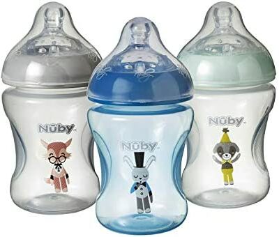 Nuby Lot de 3 biberons anti-coliques - Sucette à débit lent - 240 ml - Avec sucette assortie - Passe au lave-vaisselle