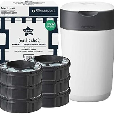 Tommee Tippee Advanced Twist & Click Diaper Box Starter Set, 1 paquet de 6 recharges antibactériennes GREENFILM, blanc