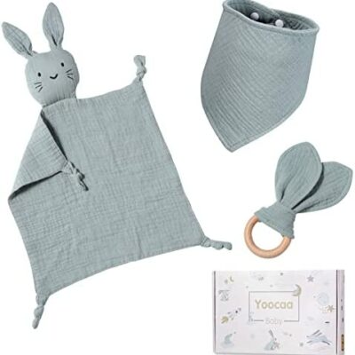 Yoocaa Coffret cadeau nouveau-né filles et garçons - Ensemble cadeau couette, bavoir et anneau de dentition 100 % doux