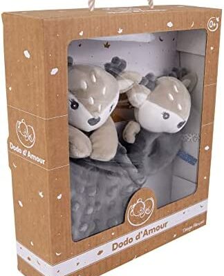 DODO D'AMOUR - Biche - coffret peluche - 012192 - carré et hochet - 29 cm - gris - naissance - peluche bébé - dès 0 mois