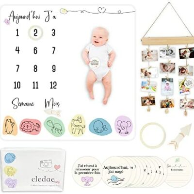 Eledae® Ensemble de Couverture Baby Step pour Bébé Fille ou Garçon avec Cadre Photo en Bois à Suspendre, Personnalisable, 12 Cartes Premières Fois, Accessoires en Bois, Belle Boîte, Cadeau de Naissance