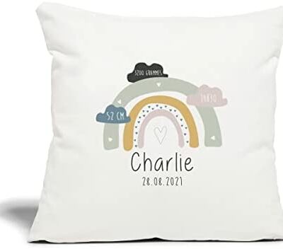 Spreadshirt® Cadeau de Naissance Personnalisé Poids Nom et Date de Naissance Housse Coussin Décoratif 45 x 45 cm, Blanc Naturel