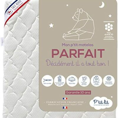 P'tit Lit - Matelas Perfect Baby - 60x120 cm - 2 faces : ultra respirante l'été / chaude et douillette l'hiver - anti-acariens - déhoussable - Oeko Tex® - Fabriqué en France