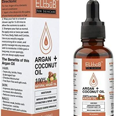 Huile d'argan biologique et huile de noix de coco - Sérum de soin naturel pour le visage, les cheveux, le corps et les ongles - Argan marocain pressé à froid - Hydratant, riche en vitamines et antioxydant - 30 ml