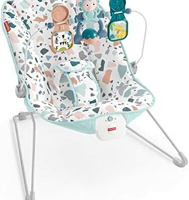 Fisher-Price Chaise à bascule pliable en terrazzo pour animaux, trois jouets suspendus pour animaux, pour bébés de moins de 9 kg, GPH13