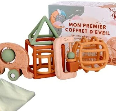 Jouets d'éveil bébé 1 an - Coffret Naissance Mixte Montessori Garçons & Filles - 5 Jeux d'activités et d'éveil sensoriels en bois & silicone : Boule, Forme, Hochet, Roue - De 3 mois à 3 ans