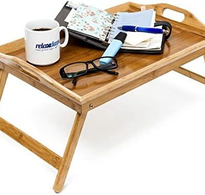 Relaxdays Plateau de lit pliant Plateau de petit-déjeuner Lit pliant en bois laqué de bambou HxLxP : 25 x 52 x 33 cm Table d'appoint table à manger avec poignée, naturel