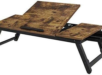 SONGMICS Table de lit, support pour ordinateur portable, jusqu'à 14,3 pouces, plateau de petit-déjeuner, pour gauchers et droitiers, avec pieds réglables, avec tiroirs, marron foncé LLD110B01