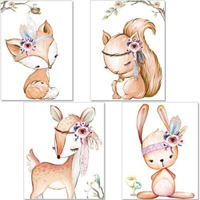 artpin® Lot de 4 affiches pour chambre d'enfant – Décoration chambre fille – Affiche bébé fille – Décoration murale animaux de la forêt DIN A4 – Écureuil, renard, cerf, lièvre P42